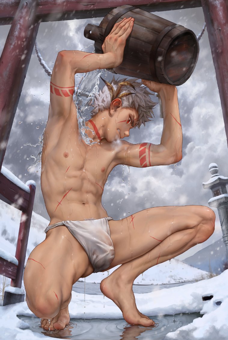 1boy abs arm_tattoo barefoot beitemian bucket bulge cloud cloudy_sky from_below full_body fundoshi japanese_clothes male_focus navel neck_tattoo nipples original outdoors scar scar_on_leg scar_on_stomach short_hair sky snow solo tattoo water white_hair winter