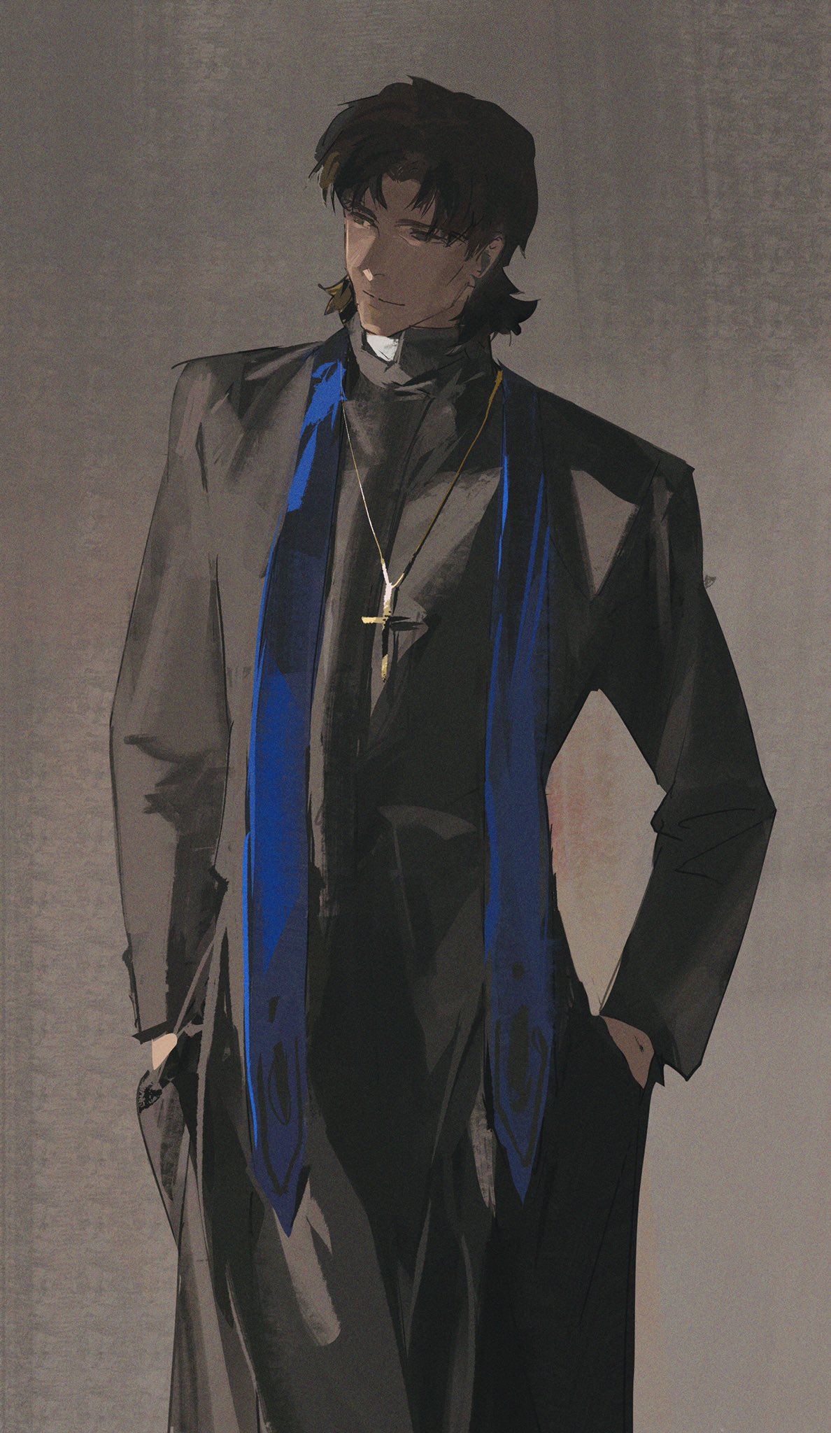 1boy black_robe brown_hair cassock clerical_collar closed_mouth commentary cowboy_shot cqqqqdaze cross cross_necklace fate/zero fate_(series) grey_background hand_in_pocket highres jewelry kotomine_kirei looking_to_the_side male_focus necklace priest robe short_hair simple_background solo stole