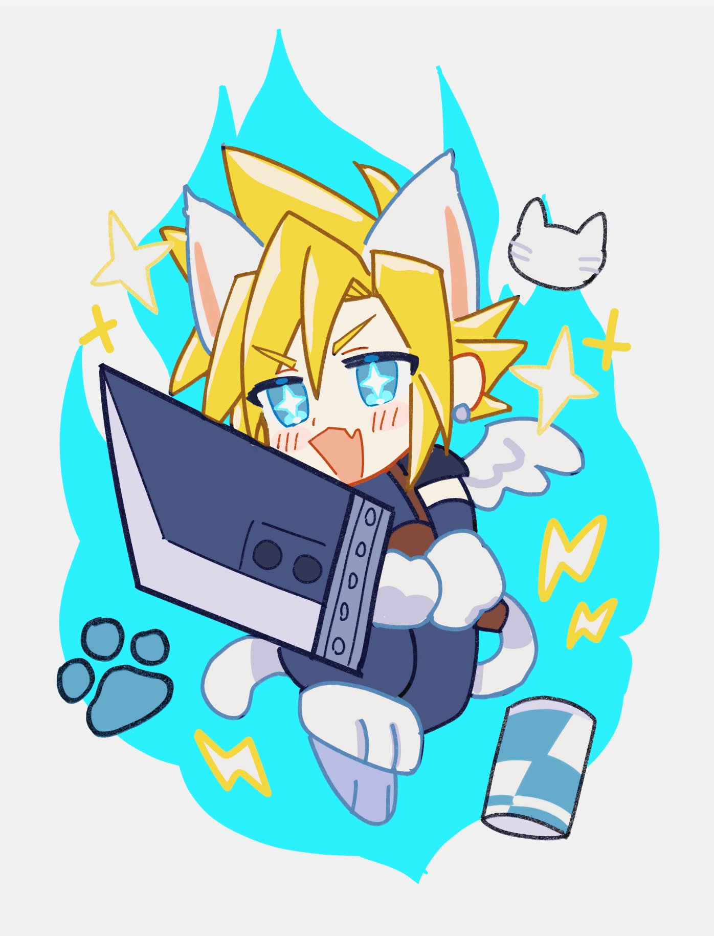 1boy animal_ears animal_feet animal_hands armor blonde_hair blue_background blue_eyes blue_gloves blue_pants blue_shirt blush_stickers can cat_boy cat_ears cat_tail cloud_strife drink_can earrings fang final_fantasy final_fantasy_vii full_body gloves grey_background highres jewelry keiseki1 kemonomimi_mode lightning_bolt_symbol male_focus open_mouth pants pauldrons paw_print shirt short_hair shoulder_armor skin_fang sleeveless soda_can solo sparkle sparkling_eyes spiked_hair stud_earrings tail white_wings wings