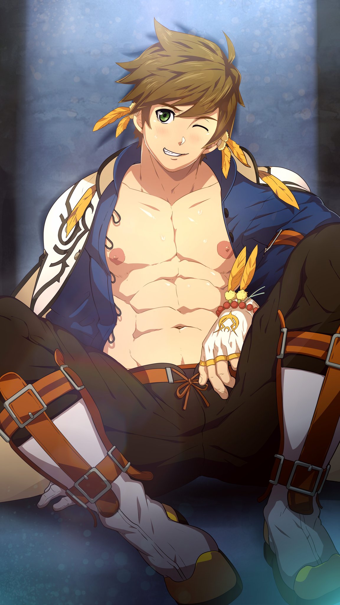 1boy abs bara bare_pectorals belt black_pants blue_jacket blush boots brown_belt brown_hair fingerless_gloves gloves green_eyes highres jacket large_pectorals male_focus mazjojo muscular muscular_male navel nipples one_eye_closed open_clothes open_jacket paid_reward_available pants pectorals short_hair smile solo sorey_(tales) tales_of_(series) tales_of_zestiria teeth white_gloves