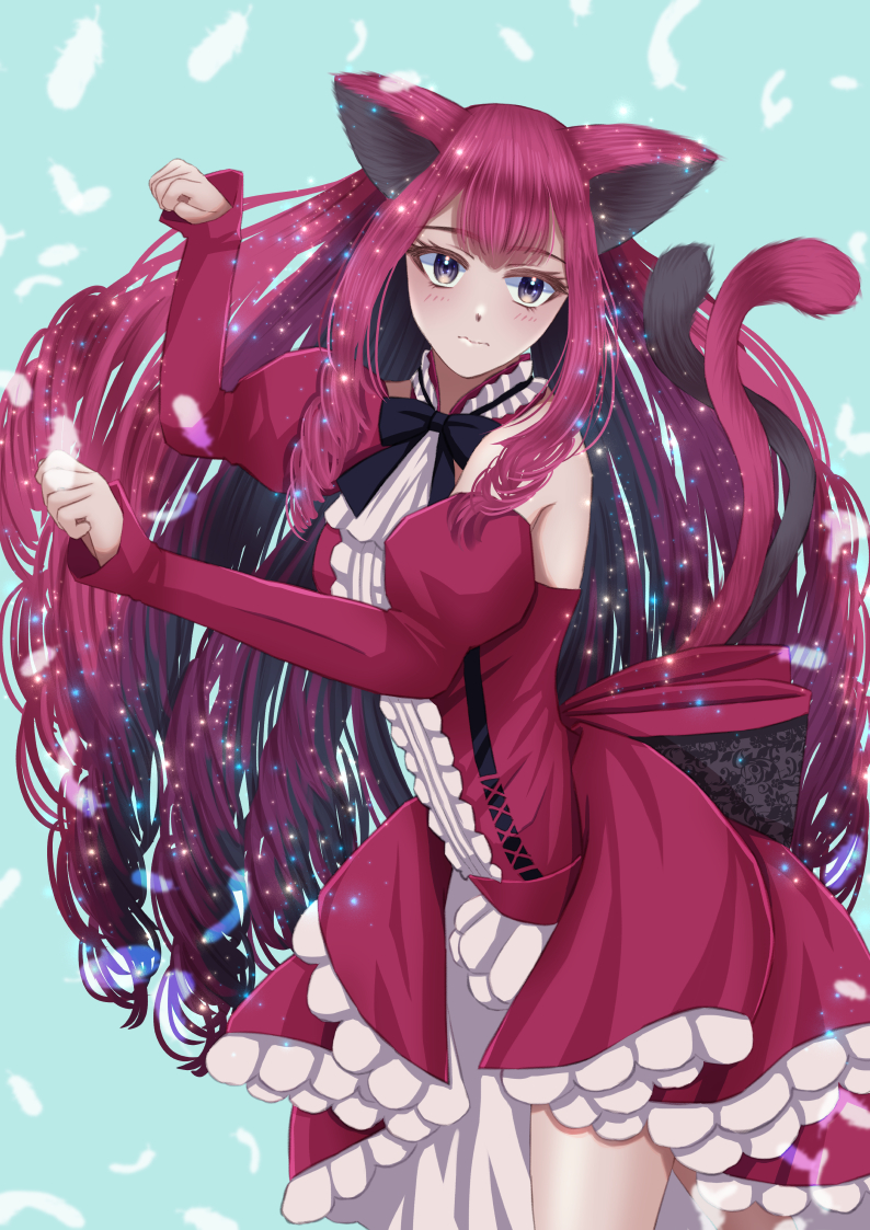 1girl animal_ears aowasa baobhan_sith_(fate) bare_shoulders blush bow breasts cat_ears cat_girl cat_tail detached_sleeves dress fate/grand_order fate_(series) feathers frills grey_eyes large_breasts long_hair multiple_tails paw_pose red_dress red_hair solo tail two_tails