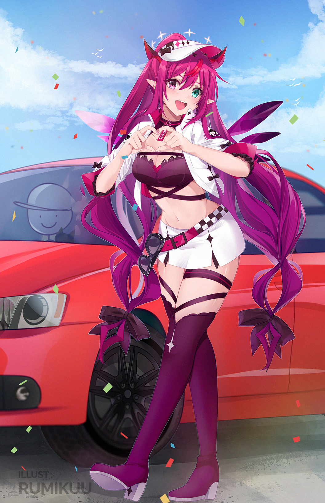 +_+ 1girl absurdly_long_hair blush boots bow breasts brown_bow car choker cleavage collarbone day full_body green_eyes hair_bow heart heart_hands high_heel_boots high_heels highres hololive hololive_english horns irys_(hololive) k-rumi large_breasts long_hair looking_at_viewer motor_vehicle multicolored_hair navel open_mouth outdoors pink_eyes pink_hair pointy_ears race_queen red_hair skirt smile teeth thigh_boots upper_teeth_only very_long_hair virtual_youtuber white_skirt