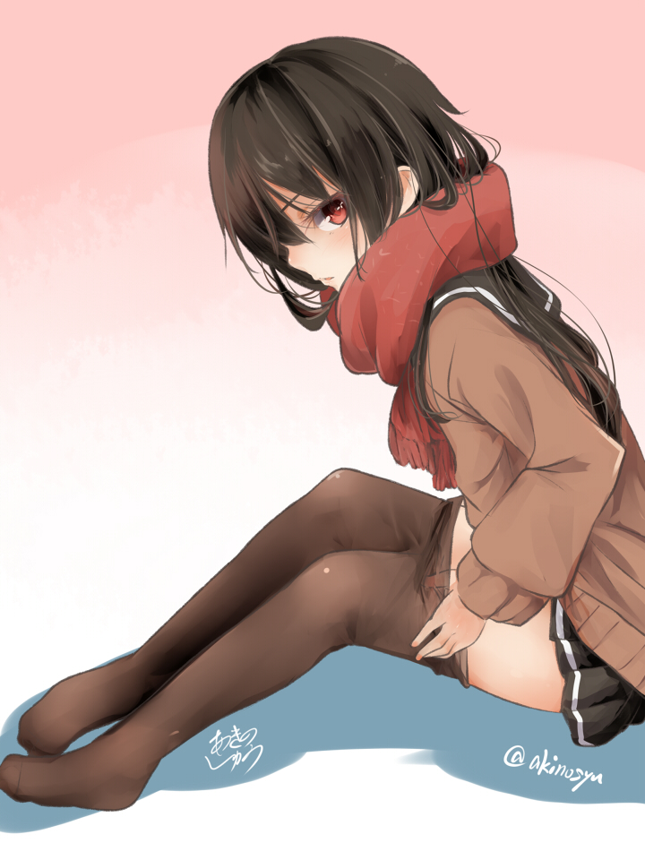 1girl akino_shuu black_hair black_sailor_collar black_skirt blush brown_pantyhose brown_shirt clothes_pull colored_shadow commentary_request fringe_trim from_side gradient_background hair_between_eyes iroha_kaede long_sleeves no_shoes original pantyhose pantyhose_pull parted_lips pink_background pleated_skirt puffy_long_sleeves puffy_sleeves pulled_by_self red_eyes red_scarf sailor_collar scarf shadow shirt signature sitting skirt solo twitter_username white_background