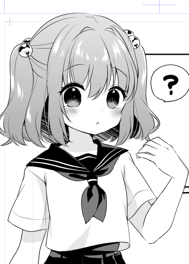 1girl :o ? bell blush hair_bell hair_ornament jingle_bell looking_at_viewer medium_hair monochrome motoori_kosuzu neckerchief pleated_skirt sailor_collar school_uniform sen1986 serafuku short_sleeves skirt solo speech_bubble spoken_question_mark touhou twintails upper_body