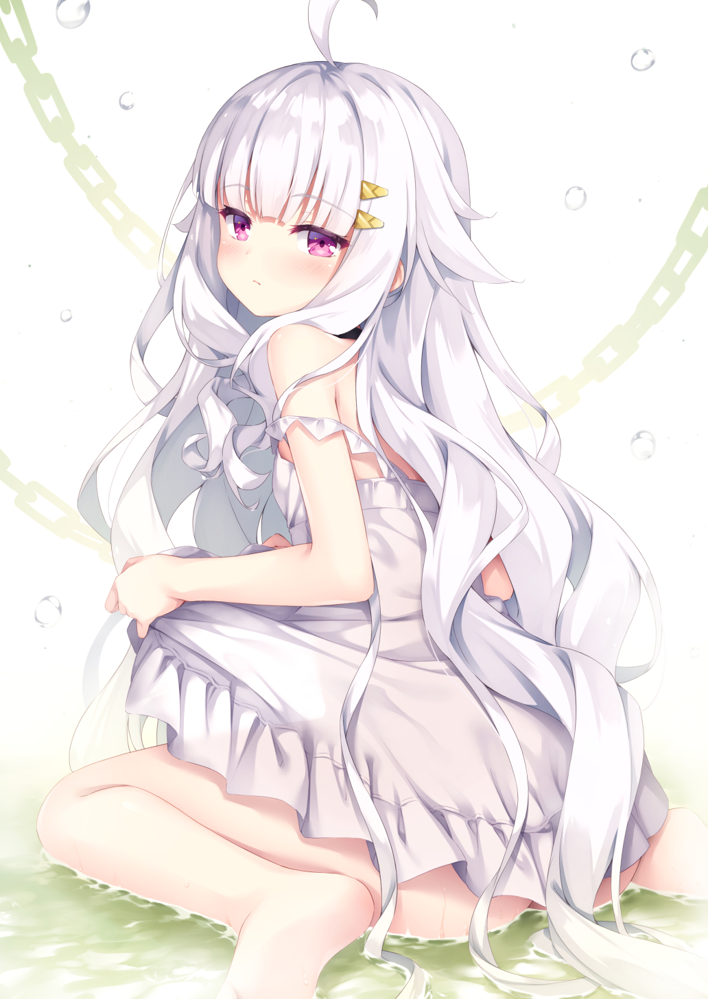 1girl ahoge ass barefoot blush chain closed_mouth commentary_request dress frilled_dress frills from_side grey_dress grey_hair hair_flaps hair_ornament hairclip highres long_hair looking_at_viewer looking_to_the_side original purple_eyes shallow_water sitting solo tomifumi very_long_hair wariza water water_drop white_background