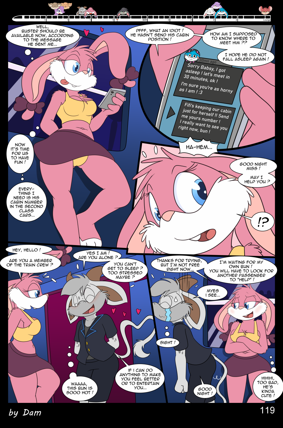 3_toes 4_fingers anthro babs_bunny breasts buster_bunny clothed clothing comic dam_(artist) dialogue english_text feet female fifi_la_fume fingers group hi_res lagomorph leporid male mammal mephitid plantigrade rabbit skunk speech_bubble text tiny_toon_adventures toes toons toony train vehicle warner_brothers