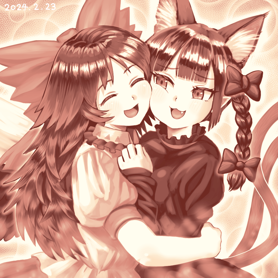 2girls :3 :d animal_ear_fluff animal_ears blunt_bangs bow braid cat_ears cat_tail cheek_press closed_eyes commentary_request dated extra_ears fang greyscale hair_bow hug kaenbyou_rin long_hair looking_at_viewer monochrome multiple_girls multiple_tails nokimenayu open_mouth pointy_ears reiuji_utsuho short_sleeves side_braids smile tail touhou twin_braids two_tails upper_body