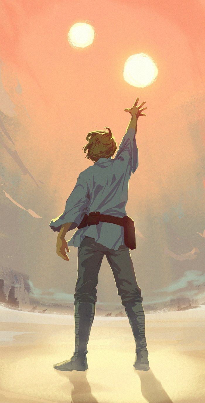 1boy arm_up belt blonde_hair boots brown_belt cloud commentary day full_body grey_footwear grey_pants highres long_sleeves luke_skywalker male_focus orange_sky outdoors pants pocket rock sand shadow shirt short_hair sky solo standing star_wars star_wars:_a_new_hope sun white_shirt wide_sleeves