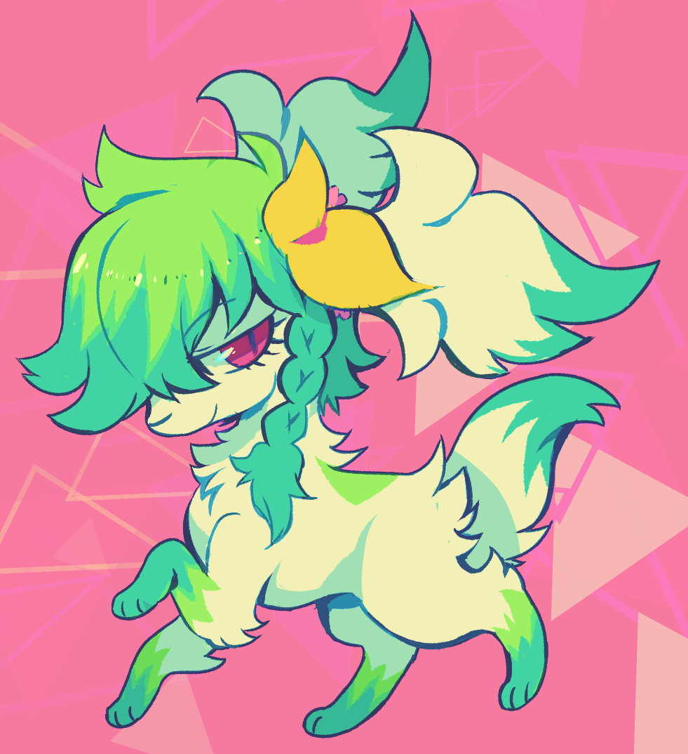 3_fingers 3_toes braided_hair extyrannomon_(artist) feet female feral fingers flower fur generation_4_pokemon green_body green_fur green_hair hair honey_(shaymin) legendary_pokemon nintendo paws pink_eyes plant pokemon pokemon_(species) shaymin simple_background sky_forme_shaymin smile solo toes white_body white_fur