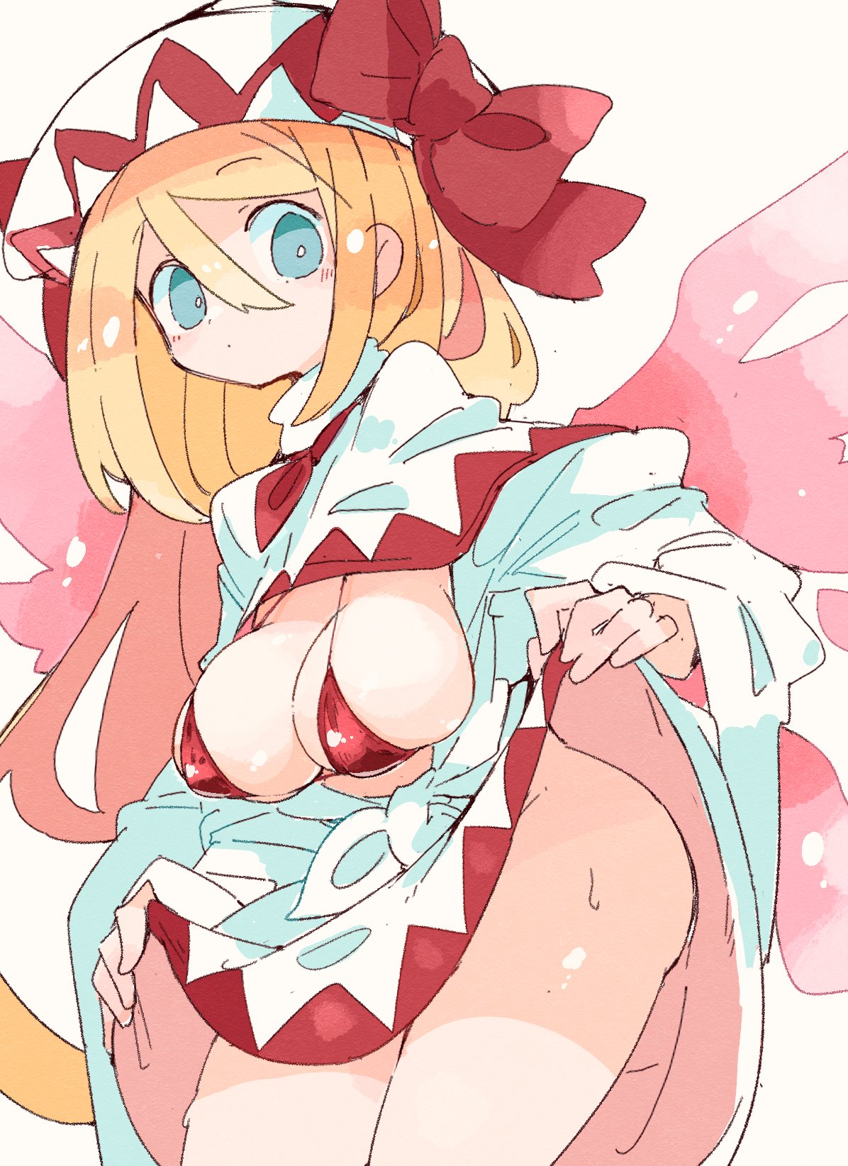 1girl ass blonde_hair blue_eyes blush breasts cleavage cowboy_shot dress fairy fairy_wings hat highres large_breasts lily_white long_hair long_sleeves looking_at_viewer massakasama simple_background solo touhou white_background white_dress white_headwear wide_sleeves wings