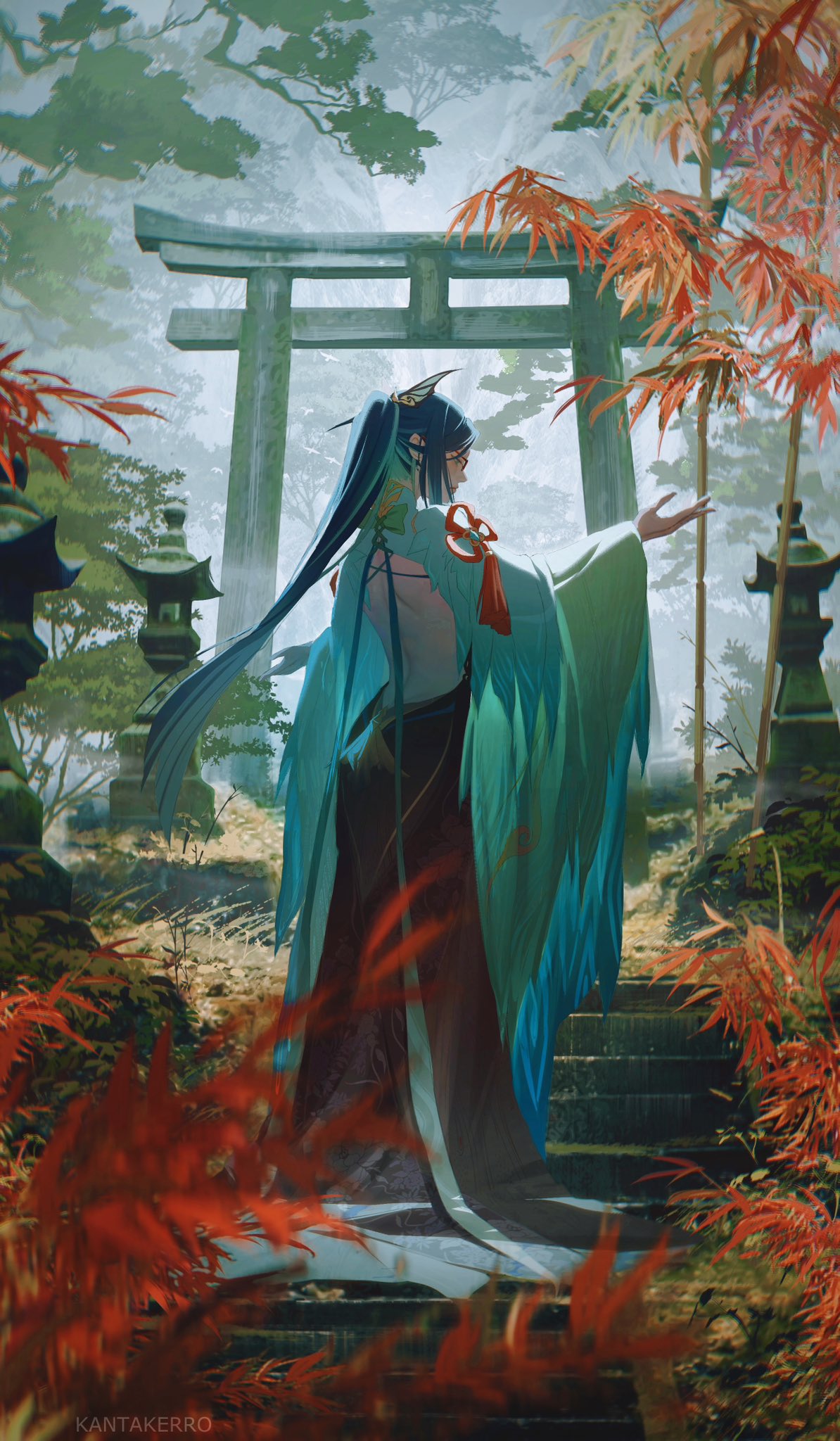 1girl blue_hair from_behind genshin_impact highres kantakerro leaf long_hair maple_leaf maple_tree mountain outdoors solo stairs standing stone_lantern stone_stairs torii tree xianyun_(genshin_impact)