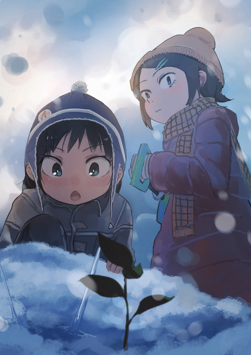 2girls beanie black_hair blue_eyes brown_headwear brown_scarf closed_mouth coat commentary_request gloves grey_jacket hair_ornament hairclip hat highres inami_hatoko jacket multiple_girls open_mouth original plant red_coat scarf shovel sidelocks snow striped_clothes striped_gloves white_gloves winter_clothes