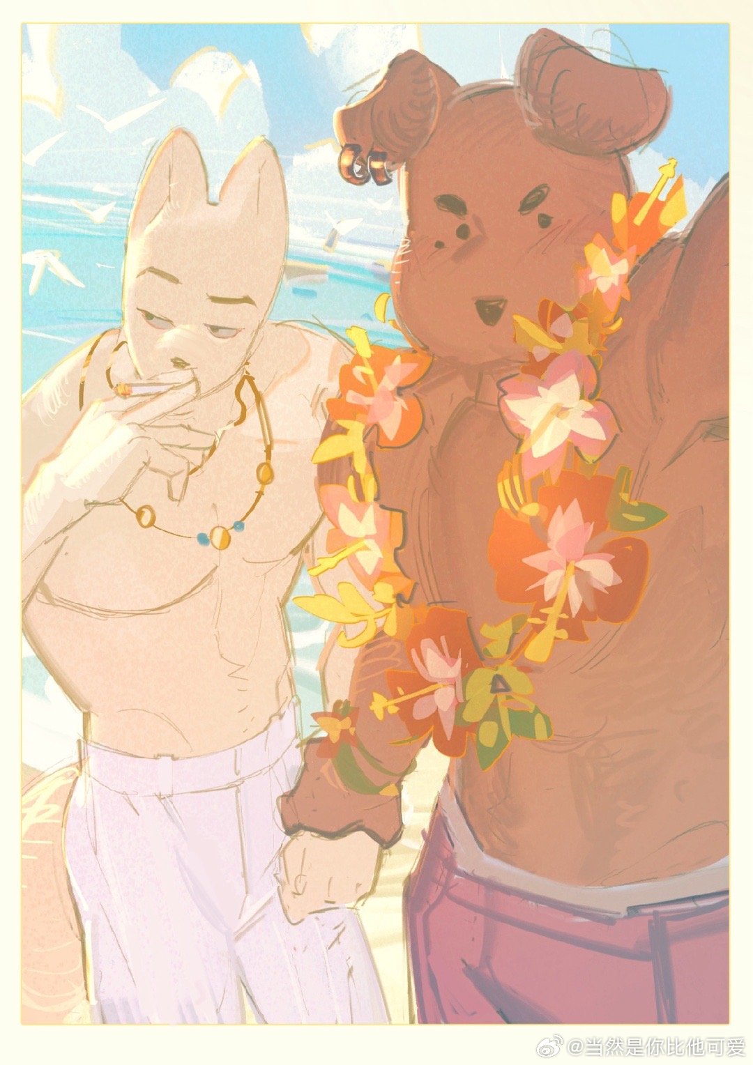 2boys bara beach couple cowboy_shot day dog_boy don't_pick_up_dogs_without_reason highres holding_hands large_pectorals looking_at_viewer male_focus multiple_boys muscular muscular_male navel ocean outdoors pectorals sand selfie sideways_glance sky smoking standing stomach thick_eyebrows topless_male yaoi yodenn_4