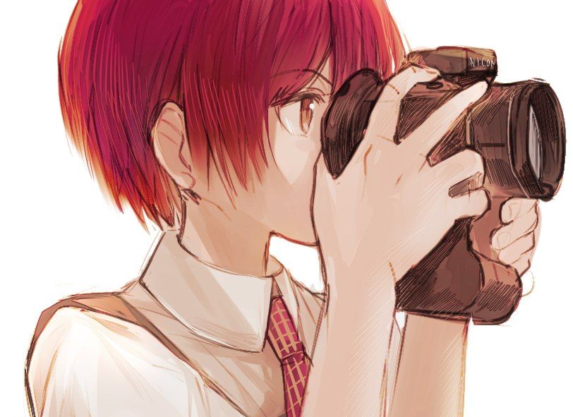 1girl aiming bad_id bad_pixiv_id brand_name_imitation brown_dress brown_eyes camera close-up collared_shirt commentary danganronpa_(series) danganronpa_2:_goodbye_despair dress dress_shirt dslr from_side gingham_necktie holding holding_camera jean1620y koizumi_mahiru looking_afar looking_ahead looking_at_object necktie profile red_hair red_necktie school_uniform shirt short_hair simple_background solo taking_picture two-tone_necktie very_short_hair white_background white_necktie white_shirt