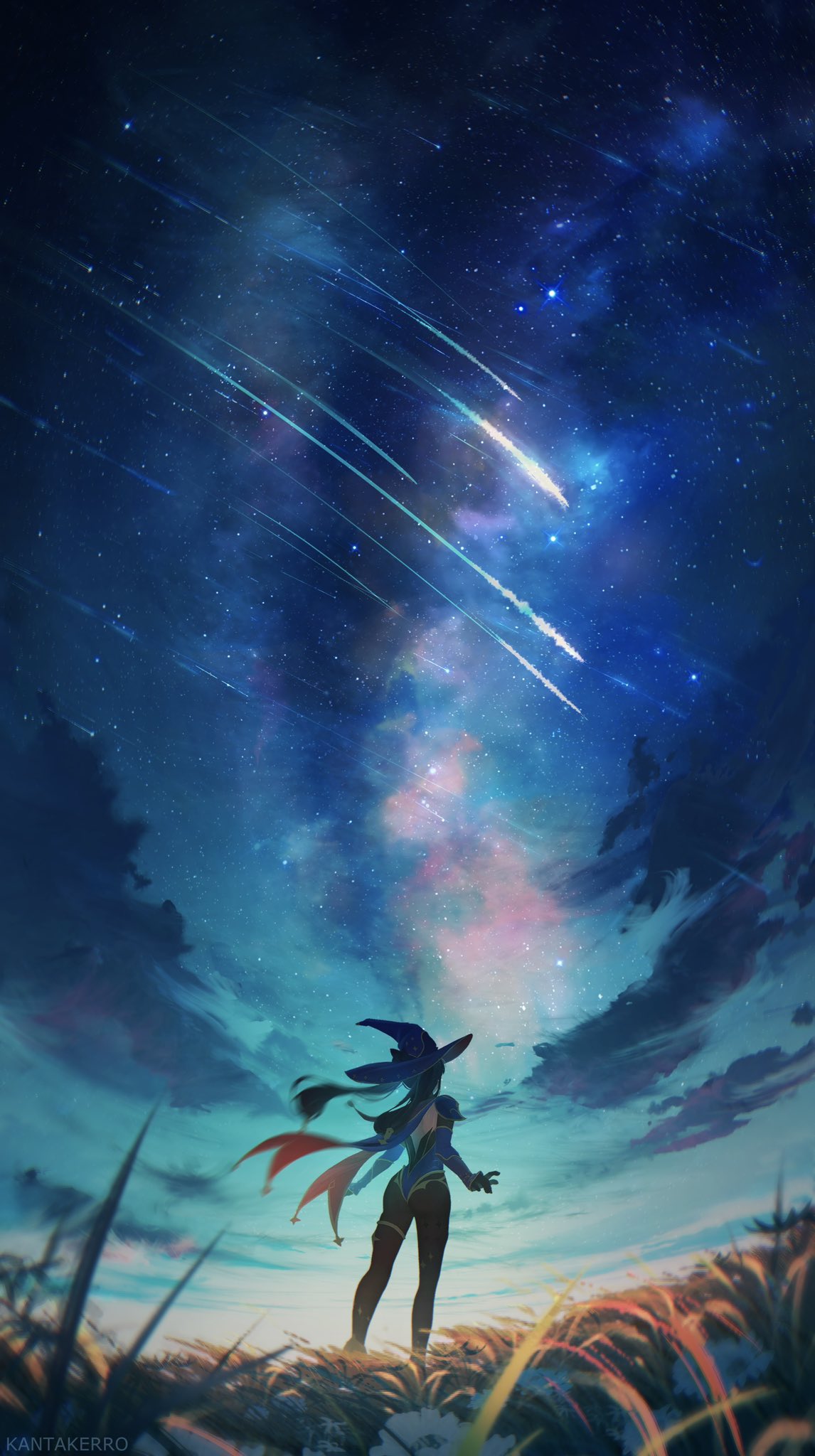 1girl from_behind genshin_impact hat highres kantakerro mona_(genshin_impact) night night_sky on_grass outdoors shooting_star sky solo standing star_(sky) witch_hat