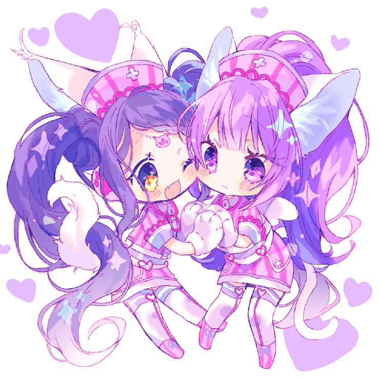 2girls :d animal_ears animal_hands bad_id bad_twitter_id blue_hair blunt_bangs blush braid braided_bangs cat_ears cat_girl cat_tail cheek-to-cheek chibi closed_mouth fang full_body garara_s_leep gloves hanazono_shuka hat head_chain heads_together heart idol_clothes idol_time_pripara kemonomimi_mode long_hair looking_at_another multiple_girls necon1 nurse_cap open_mouth paw_gloves pink_shirt pink_skirt ponytail pretty_series pripara purple_eyes purple_hair shirt short_sleeves skin_fang skirt smile standing stethoscope tail twintails very_long_hair yellow_eyes