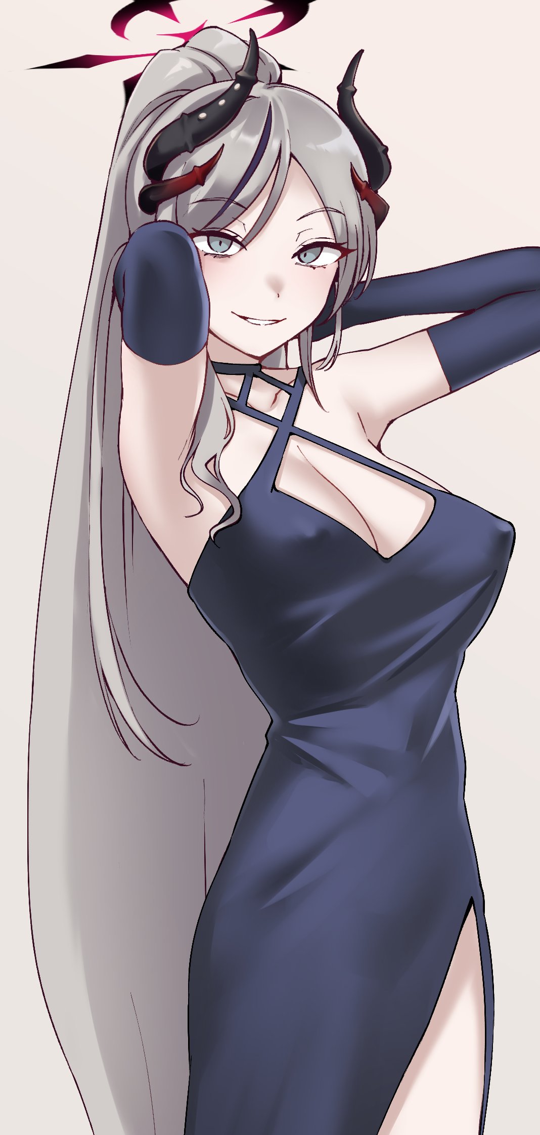 1girl armpits black_dress black_gloves blue_archive breasts cleavage commission covered_nipples dress elbow_gloves gloves grey_background grey_eyes grey_hair halo hands_in_hair highres horns kiritto large_breasts long_hair looking_at_viewer makoto_(blue_archive) makoto_(dress)_(blue_archive) multicolored_hair parted_lips ponytail simple_background skeb_commission solo streaked_hair very_long_hair