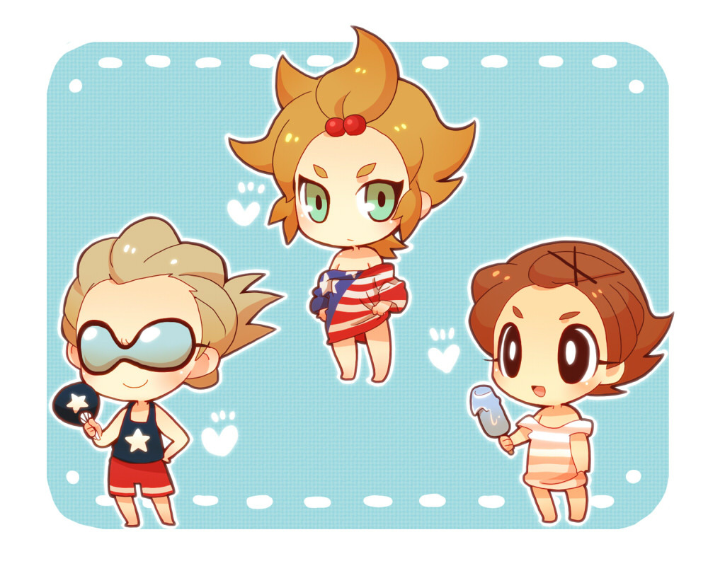 3boys american_flag american_flag_print black_eyes blush border bright_pupils brown_hair chibi chibi_only closed_mouth dylan_keith eyelashes flag_print food full_body green_eyes hair_bobbles hair_ornament hairclip hand_fan holding holding_fan holding_food holding_popsicle ichinose_kazuya inazuma_eleven_(series) kotorai loose_clothes loose_shirt male_focus mark_kruger multiple_boys no_nose off-shoulder_shirt off_shoulder open_mouth popsicle red_shorts shirt shorts smile striped_clothes striped_shirt sunglasses tank_top white_border white_pupils