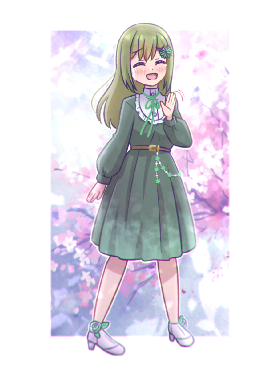 1girl ^_^ akihitohappy arm_at_side belt bolo_tie border brown_belt check_commentary cherry_blossoms chromatic_aberration closed_eyes commentary_request cosplay crying dakishimeru_hanabira_(love_live!) dress facing_viewer flower footwear_flower green_dress green_flower green_hair hair_flower hair_ornament hand_up highres link!_like!_love_live! long_hair long_sleeves love_live! medium_dress motion_lines oogami_sachi open_mouth outline outside_border puffy_long_sleeves puffy_sleeves red_flower red_rose rose sidelocks smile solo streaming_tears tears waving white_border white_outline