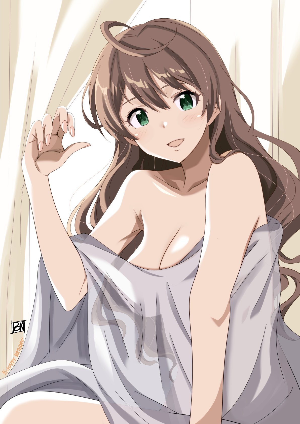 1girl ahoge bed_sheet breasts brown_hair cleavage commentary_request convenient_censoring curtains fingernails green_eyes hair_between_eyes highres idolmaster idolmaster_million_live! idolmaster_million_live!_theater_days large_breasts long_hair looking_at_viewer naked_sheet open_mouth ponpon sakuramori_kaori see-through solo