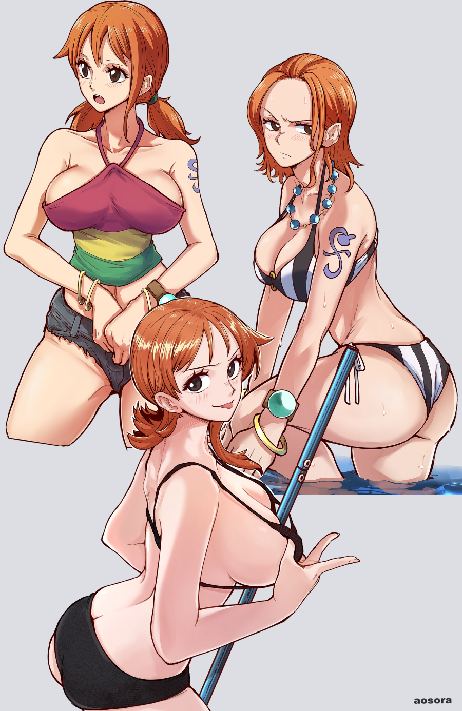 1girl aosora2823 artist_name bikini bracelet breasts brown_eyes crop_top denim_panties grey_background highres jewelry large_breasts log_pose medium_hair multicolored_shirt multiple_views nami_(one_piece) necklace official_alternate_costume one_piece one_piece:_strong_world open_mouth orange_hair shirt shoulder_tattoo simple_background sleeveless sleeveless_shirt solo striped_bikini striped_clothes striped_shirt swimsuit tattoo