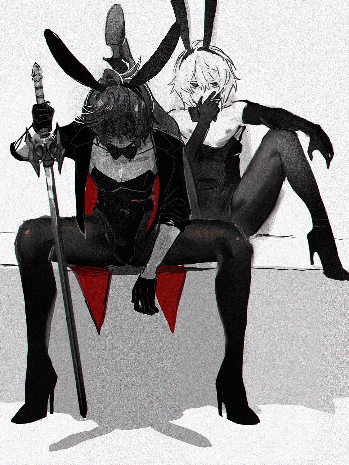 2boys anger_vein angry bishounen black_bow black_bowtie black_eyes black_gloves black_jacket black_pantyhose boots bow bowtie bulge cigarette coattails cropped_jacket elbow_gloves english_commentary expressionless furious glaring gloves granblue_fantasy greyscale high_heel_boots high_heels highres holding holding_cigarette holding_sword holding_weapon jacket jitome knee_up leg_on_another's_shoulder leg_up looking_at_viewer looking_up lucilius_(granblue_fantasy) male_focus male_playboy_bunny monochrome multiple_boys nipples pantyhose partially_undressed sandalphon_(granblue_fantasy) shaded_face sketch sleeves_rolled_up spot_color spread_legs static sword wahoosandalphon weapon white_background white_hair