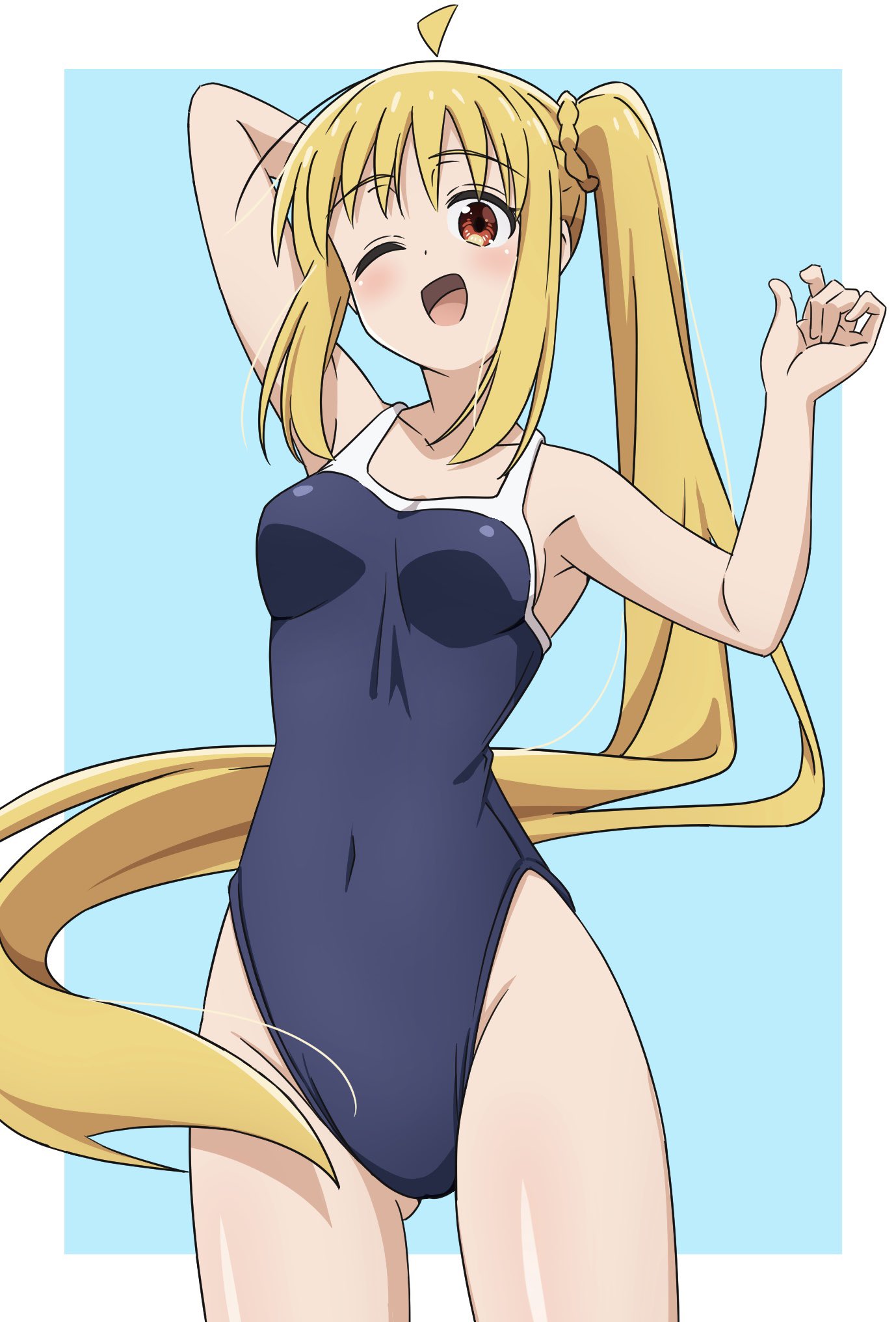 1girl ahoge arms_up ass_visible_through_thighs blonde_hair blue_background bocchi_the_rock! breasts cowboy_shot detached_ahoge highleg highleg_swimsuit highres ijichi_nijika kanata_mako long_hair looking_at_viewer one_eye_closed open_mouth ponytail red_eyes school_swimsuit small_breasts solo swimsuit two-tone_background very_long_hair white_background