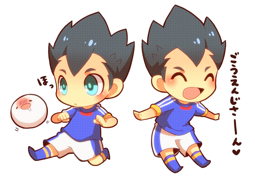 1boy black_hair blue_shirt blue_socks blush chibi chibi_only closed_eyes closed_mouth full_body green_eyes inazuma_eleven_(series) kicking kotorai male_focus multiple_views no_nose open_mouth shirt short_hair shorts simple_background socks translation_request utsunomiya_toramaru white_background white_shorts