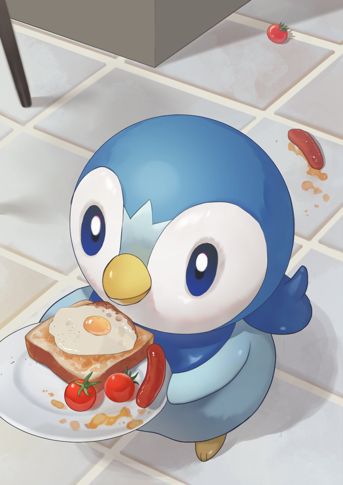 animal_focus bird blue_eyes bread bread_slice cherry_tomato commentary_request dropped_food food fried_egg fried_egg_on_toast highres holding holding_plate indoors no_humans penguin pepper_(spice) piplup plate pokemon pokemon_(creature) pokemon_airy sausage toast tomato walking