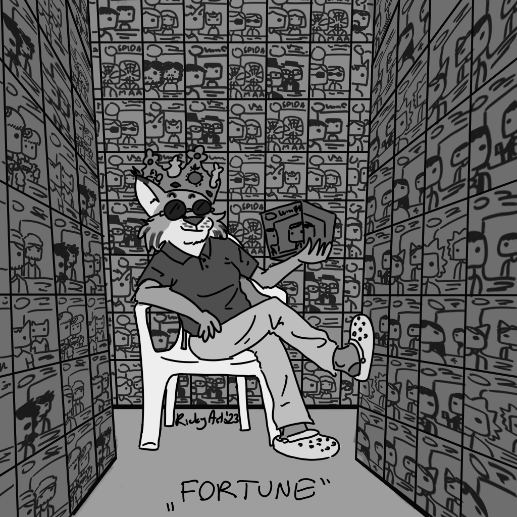 2023 anthro bottomwear burger_king burger_king_crown clothing collared_shirt countershade_face countershading crocs eyewear felid feline footwear funko_pop! holding_object humanoid inktober inktober_2023 lawn_chair lynx male mammal pants ricky_arts smug_face solo sunglasses tufted_ears