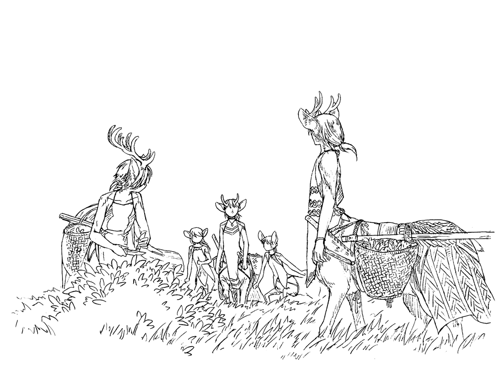 2girls 3boys animal_ears antlers basket centauroid deer_antlers deer_boy deer_ears deer_girl faceless fantasy grass holding holding_knife horns jewelry knife low_ponytail monochrome monster_boy monster_girl multiple_boys multiple_girls nature necklace original sketch taur tribal watari_taichi