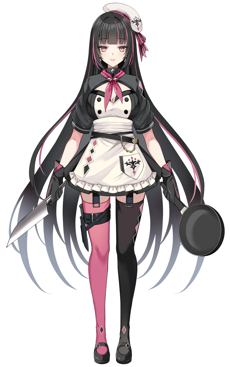 1girl apron argyle_clothes argyle_legwear asymmetrical_legwear beret black_dress black_footwear black_gloves black_hair black_thighhighs breasts cleavage closed_mouth commentary_request dress frilled_apron frills frying_pan full_body gloves harimoji hat highres holding holding_knife knife lethe_bonapuchi long_hair looking_at_viewer medium_breasts mismatched_legwear multicolored_hair official_art pink_hair pink_thighhighs production_kawaii puffy_short_sleeves puffy_sleeves red_eyes shoes short_sleeves shrug_(clothing) simple_background smile solo standing streaked_hair thighhighs tilted_headwear very_long_hair virtual_youtuber white_apron white_background white_hat