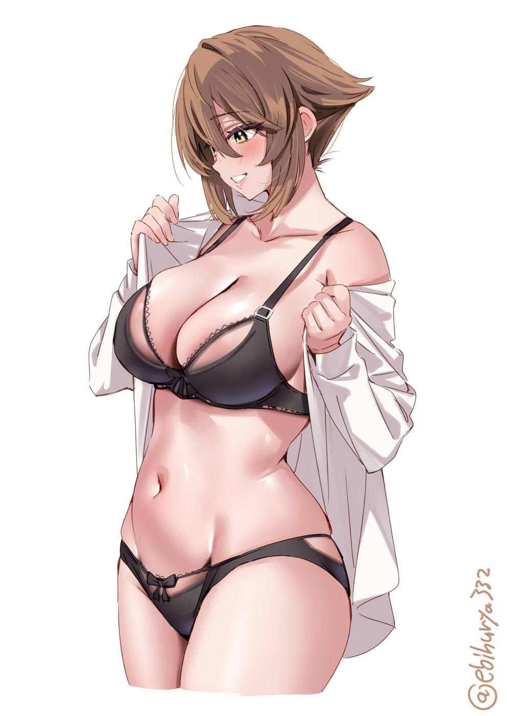 1girl blush bra breasts brown_eyes brown_hair collarbone commentary cowboy_shot cropped_legs ebifurya groin hair_between_eyes highres kantai_collection large_breasts long_sleeves looking_to_the_side mutsu_(kancolle) navel no_pants one-hour_drawing_challenge open_clothes open_shirt panties parted_lips shirt short_hair sidelocks simple_background smile solo thighs twitter_username underwear white_background white_shirt