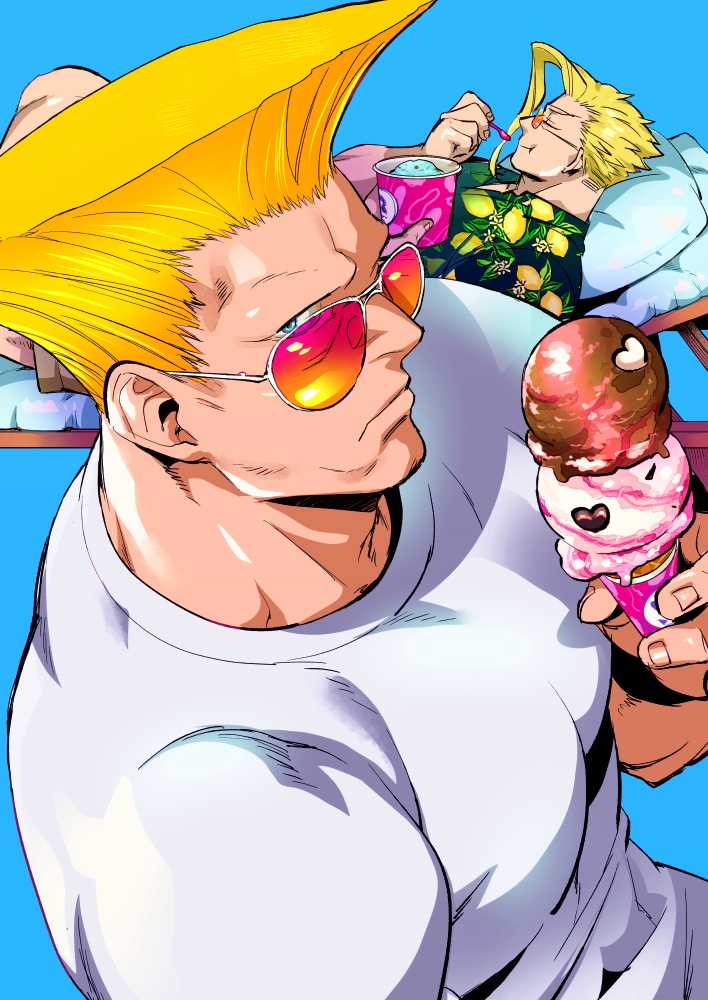 2boys alternate_costume bara character_request eating food from_above guile heart holding holding_food holding_ice_cream ice_cream large_pectorals looking_over_eyewear male_focus mature_male multiple_boys muscular muscular_male pectorals saida_nika solo_focus street_fighter sunglasses upper_body