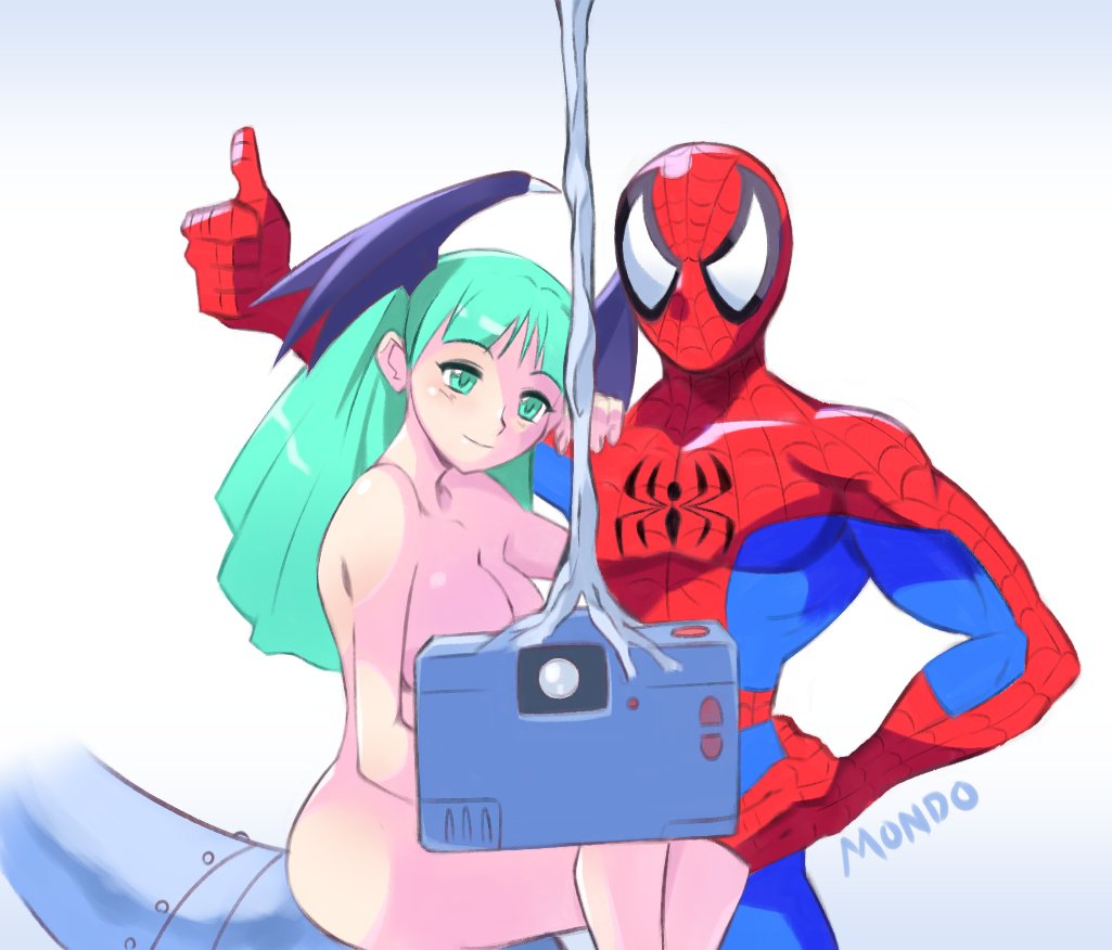 1boy 1girl artist_name blue_bodysuit bodysuit breasts camera clothed_male_nude_female completely_nude covering_face demon_girl demon_wings derivative_work green_eyes green_hair hand_on_another's_shoulder hand_on_own_hip head_wings large_breasts long_hair marvel marvel_vs._capcom marvel_vs._capcom_3 morrigan_aensland nude red_bodysuit simple_background spider-man spider-man_(series) supermondobeat thumbs_up vampire_(game) white_background wings