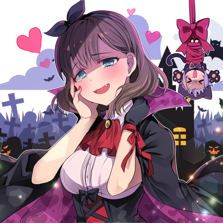 &gt;_&lt; 2girls animal_ears animal_hands ascot bat_(animal) black_cloak black_corset black_gloves blue_eyes blush bow bowtie breasts brown_hair building cat_ears cat_tail chibi chocho_(homelessfox) cloak cloud corset dot_nose fake_animal_ears fake_tail fang gloves graveyard hair_flaps hair_ornament hairband hairclip halloween hand_on_own_face hands_up heart heart_in_eye heart_print idolmaster idolmaster_cinderella_girls idolmaster_cinderella_girls_starlight_stage jack-o'-lantern koshimizu_sachiko lens_flare light_particles looking_at_viewer medium_breasts multiple_girls nail_polish open_mouth paw_gloves print_cloak purple_bow purple_bowtie purple_hair purple_hairband red_ascot red_nails red_ribbon ribbon sakuma_mayu shirt short_hair single_glove smile symbol_in_eye tail two-sided_cloak two-sided_fabric underbust upside-down wavy_mouth white_shirt window wrist_ribbon yandere
