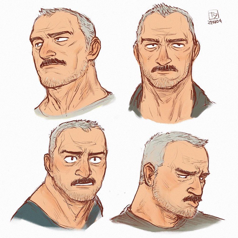 1boy aaron_gruber_(o_natsuo88) bara beard_stubble cropped_torso facial_hair grey_hair male_focus mature_male multiple_views mustache o_natsuo88 old old_man original receding_hairline scar scar_on_cheek scar_on_face shirt short_hair simple_background stubble thick_eyebrows thick_mustache white_background wrinkled_skin