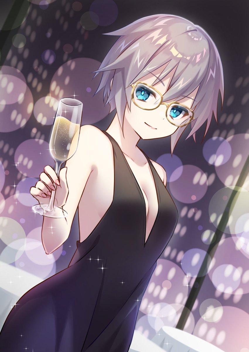 1girl blue_eyes breasts building date_a_live dress dutch_angle glasses grey_hair highres honjou_nia indoors kuro_leika00x short_hair small_breasts solo table tablecloth