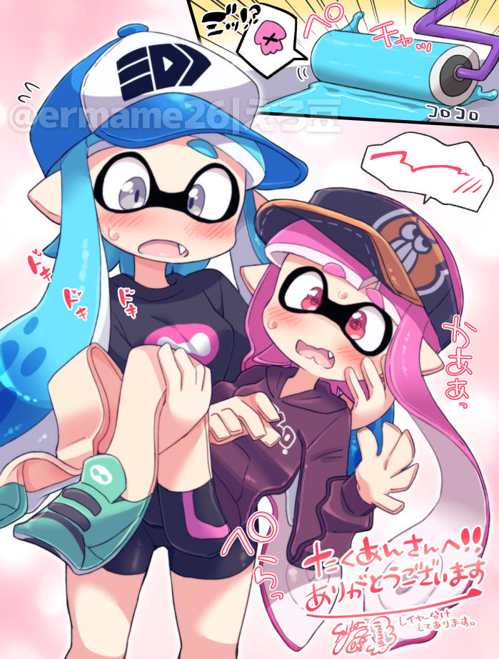 2girls @_@ baseball_cap blush carrying eromame fang flattened grey_eyes hat hood hoodie ink inkling inkling_girl inkling_player_character multiple_girls paint_roller pink_eyes pink_hair princess_carry print_headwear shirt shorts splat_roller_(splatoon) splatoon_(series) sweat t-shirt tentacle_hair visor_cap