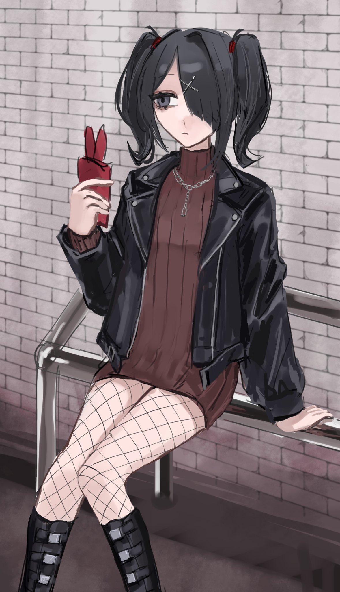 1girl alternate_costume ame-chan_(needy_girl_overdose) arm_support black_footwear black_hair black_jacket boots breasts brick_wall brown_dress cellphone closed_mouth dress feet_out_of_frame fishnet_pantyhose fishnets grey_eyes hair_ornament hair_over_one_eye hand_up highres holding holding_phone jacket jewelry knee_boots long_hair long_sleeves looking_to_the_side necklace needy_girl_overdose open_clothes open_jacket outdoors pantyhose phone sanmanako sitting small_breasts smartphone solo turtleneck_dress twintails x_hair_ornament
