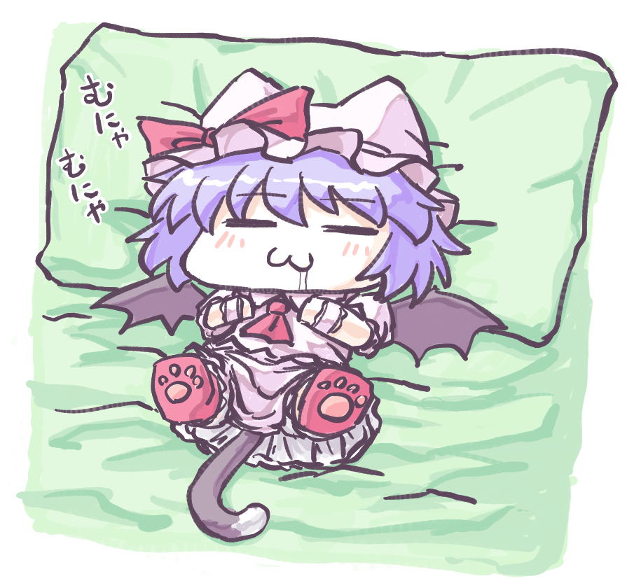 1girl :3 =_= animal_ears aokukou ascot bat_wings black_wings bow cat_ears cat_girl cat_tail chibi collared_shirt commentary_request hat hat_bow kemonomimi_mode mob_cap on_bed pink_hat pink_skirt puffy_short_sleeves puffy_sleeves purple_hair red_ascot red_bow remilia_scarlet shirt short_hair short_sleeves skirt sleeping solo tail touhou translation_request wings