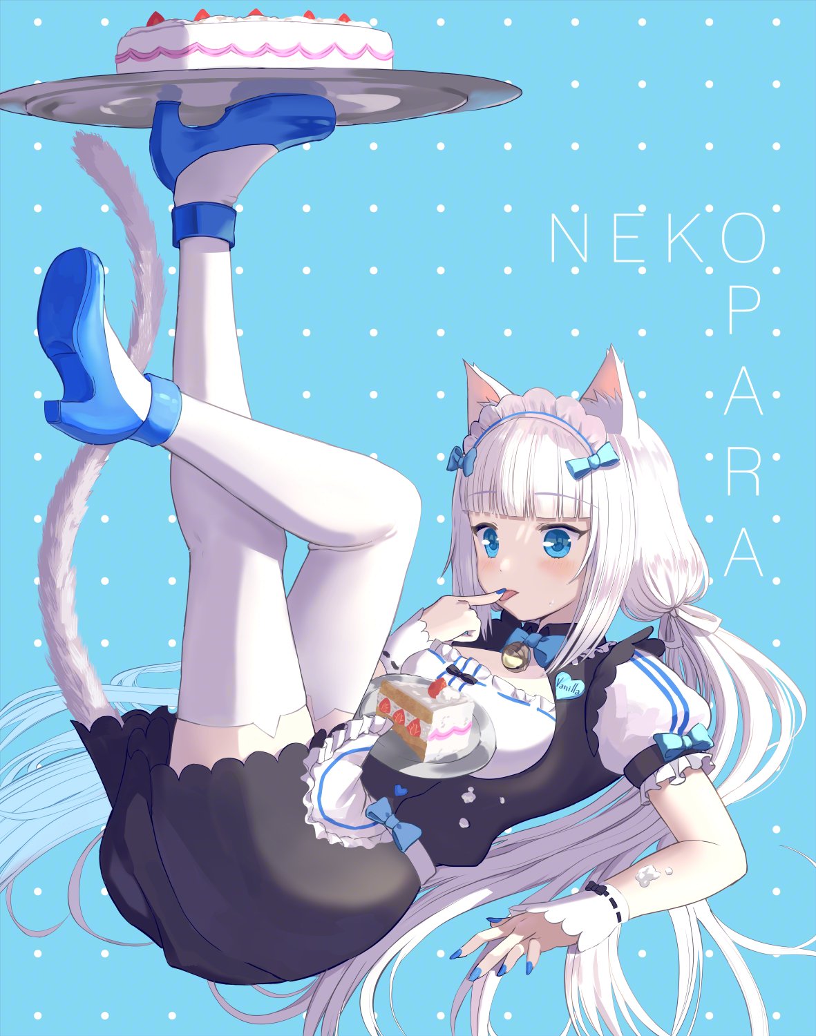 1girl animal_ear_legwear animal_ears apron arm_at_side bell black_dress blue_background blue_bow blue_bowtie blue_eyes blue_footwear blue_nails blunt_bangs blush bow bowtie breasts cake cat_ear_legwear cat_ears cat_tail cleavage_cutout clothing_cutout copyright_name cream_on_body crossed_legs dress expressionless eyelashes fingerless_gloves food frilled_apron frilled_dress frilled_sleeves frills fruit full_body gloves hair_bow headband highres holding holding_tray jingle_bell licking licking_finger long_hair looking_at_hand low_twintails lying maid_headdress miniskirt nail_polish name_tag nekopara polka_dot polka_dot_background puffy_short_sleeves puffy_sleeves revision sayuui short_sleeves sidelocks skirt small_breasts solo strawberry tail thighhighs thighs tray twintails vanilla_(nekopara) very_long_hair waitress white_apron white_gloves white_hair white_headband white_tail white_thighhighs zettai_ryouiki