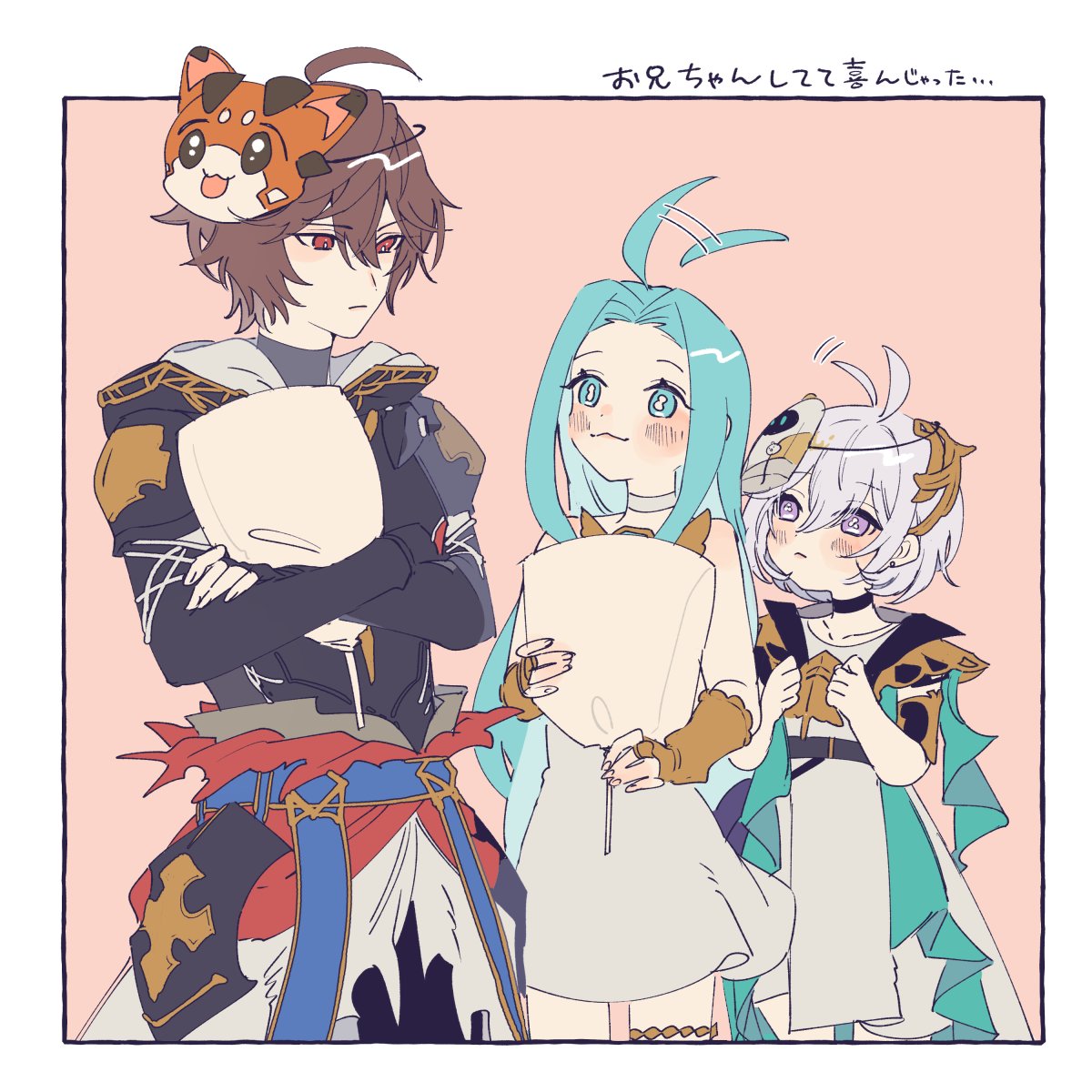 1boy 2girls :3 ahoge antennae_wagging armlet armor belt bishounen black_choker blue_belt blue_eyes blue_hair blush breastplate brown_hair candy cape choker commentary crossed_arms dress earrings expressionless fingerless_gloves food frilled_dress frills gloves granblue_fantasy hair_between_eyes hair_ornament hands_on_own_chest highres holding hood hood_down jewelry lollipop looking_at_another lyria_(granblue_fantasy) mask mask_on_head messy_hair multiple_girls onigiri_bouya parted_bangs purple_eyes red_eyes sandalphon_(granblue_fantasy) short_hair shoulder_armor stud_earrings symbol-only_commentary translation_request turtleneck vyrn_(granblue_fantasy) white_cape white_choker white_dress white_hair yuni_(granblue_fantasy)