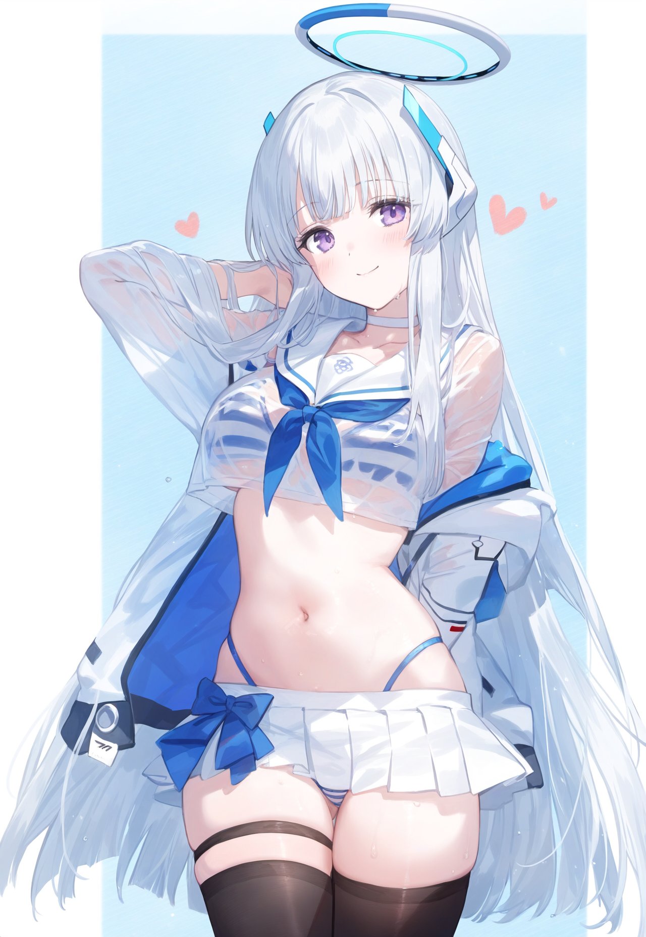 1girl ai-generated blue_archive cowboy_shot halo highres long_hair looking_at_viewer miniskirt noa_(blue_archive) non-web_source simple_background skirt solo standing thighhighs white_hair