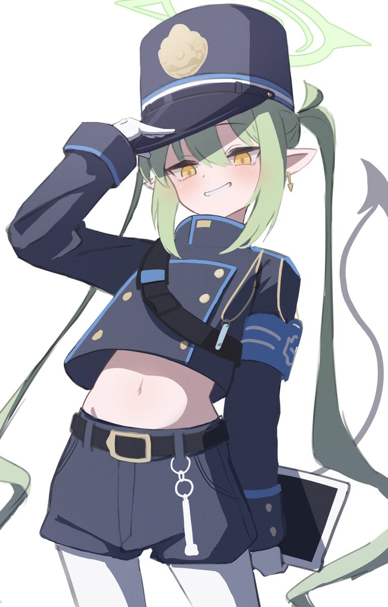 1girl belt black_belt black_hat black_jacket black_shorts black_tail blue_archive blush cowboy_shot demon_tail earrings gloves green_hair green_halo grin hair_between_eyes halo hat highlander_twintails_conductor_(blue_archive) highres jacket jewelry long_hair long_sleeves navel pantyhose peaked_cap pointy_ears shorts simple_background single_earring smile solo tail white_background white_gloves white_pantyhose yako_mashiro yellow_eyes