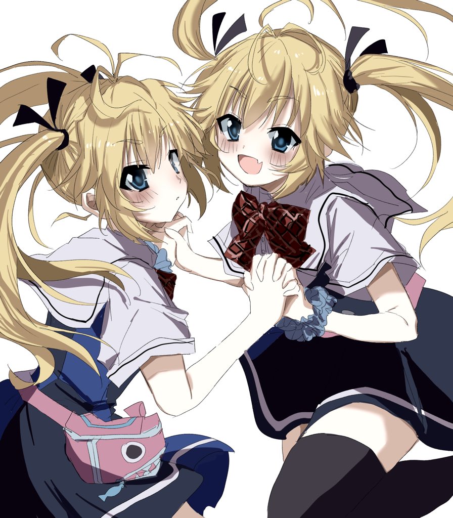 2girls :d antenna_hair black_dress black_ribbon black_thighhighs blonde_hair blue_dress blue_eyes blue_scrunchie blush bow cowboy_shot dress dual_persona fang floating_hair from_side grisaia_(series) grisaia_no_kajitsu hair_between_eyes hair_ribbon happy holding_hands interlocked_fingers long_hair looking_at_another matsushima_michiru multiple_girls open_mouth parted_lips plaid plaid_bow red_bow ribbon school_uniform scrunchie shirt short_dress short_sleeves simple_background skin_fang smile thighhighs twintails two-tone_dress unkogakatasugi white_background white_shirt wrist_scrunchie zettai_ryouiki