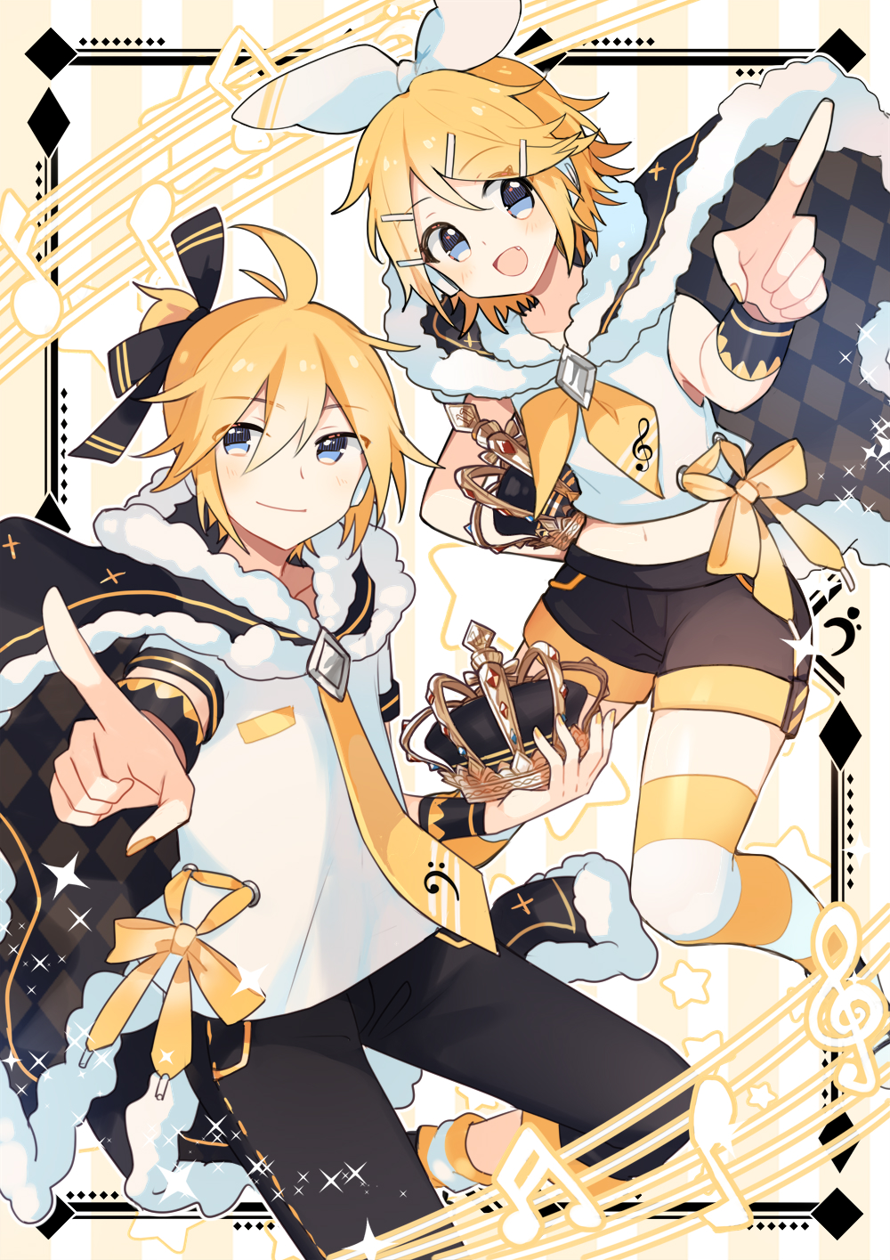 1boy 1girl :d ahoge bass_clef beamed_sixteenth_notes black_border black_cape black_pants black_shorts blonde_hair blue_eyes border bow bow_hairband brother_and_sister cape closed_mouth crop_top crown fang fenghu_(huli) fur-trimmed_cape fur_trim hair_bow hair_ornament hair_ribbon hairband hairclip hand_on_own_hip highres holding kagamine_len kagamine_rin looking_at_viewer midriff musical_note navel necktie open_mouth pants pointing pointing_at_viewer ribbon sailor_collar shirt short_hair short_ponytail short_sleeves shorts siblings sixteenth_note smile sparkle staff_(music) striped_background striped_clothes striped_thighhighs thighhighs treble_clef vocaloid white_hairband white_shirt yellow_background yellow_nails yellow_necktie yellow_theme yellow_thighhighs zettai_ryouiki