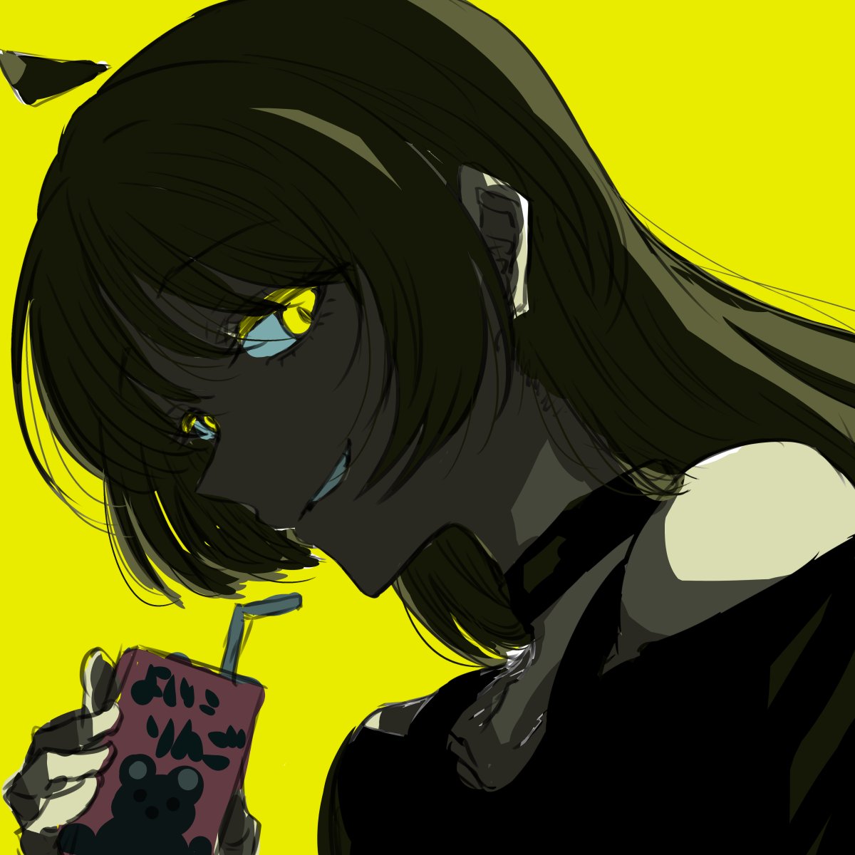 1girl ahoge black_choker blonde_hair bocchi_the_rock! choker drink drinking_straw dutch_angle grin highres holding holding_drink ijichi_seika juice_box long_hair looking_at_viewer portrait smile solo yellow_background yellow_eyes yukahire