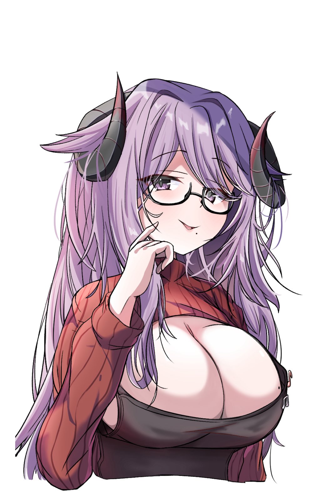 1girl apron azur_lane black-framed_eyewear black_apron black_horns breasts cleavage cropped_torso curled_horns friedrich_carl_(a_game_of_love)_(azur_lane) friedrich_carl_(azur_lane) highres horns huge_breasts long_hair looking_at_viewer mizudaru mole mole_on_breast mole_under_mouth official_alternate_costume parted_lips purple_eyes purple_hair red_sweater semi-rimless_eyewear simple_background solo sweater swept_bangs upper_body white_background