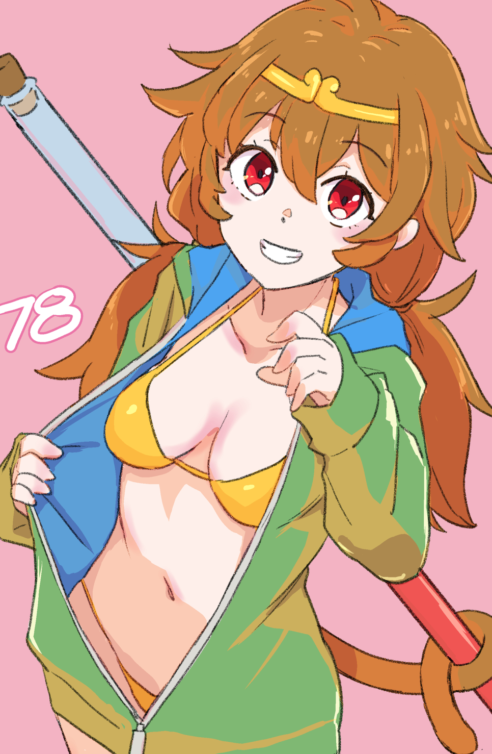 1girl alternate_costume bikini bikini_under_clothes bo_staff breasts brown_eyes brown_hair circlet cleavage collarbone commentary_request cowboy_shot green_hoodie grin happy highres hood hood_down hoodie jack_(wkm74959) long_sleeves looking_at_viewer medium_breasts monkey_girl monkey_tail navel one-hour_drawing_challenge pink_background prehensile_tail puffy_sleeves pulled_by_self red_eyes ruyi_jingu_bang smile solo son_biten stomach swimsuit tail test_tube touhou unzipped yellow_bikini